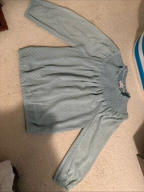 LOFT Light Blue Swiss Dot Smocked Neck Blouse